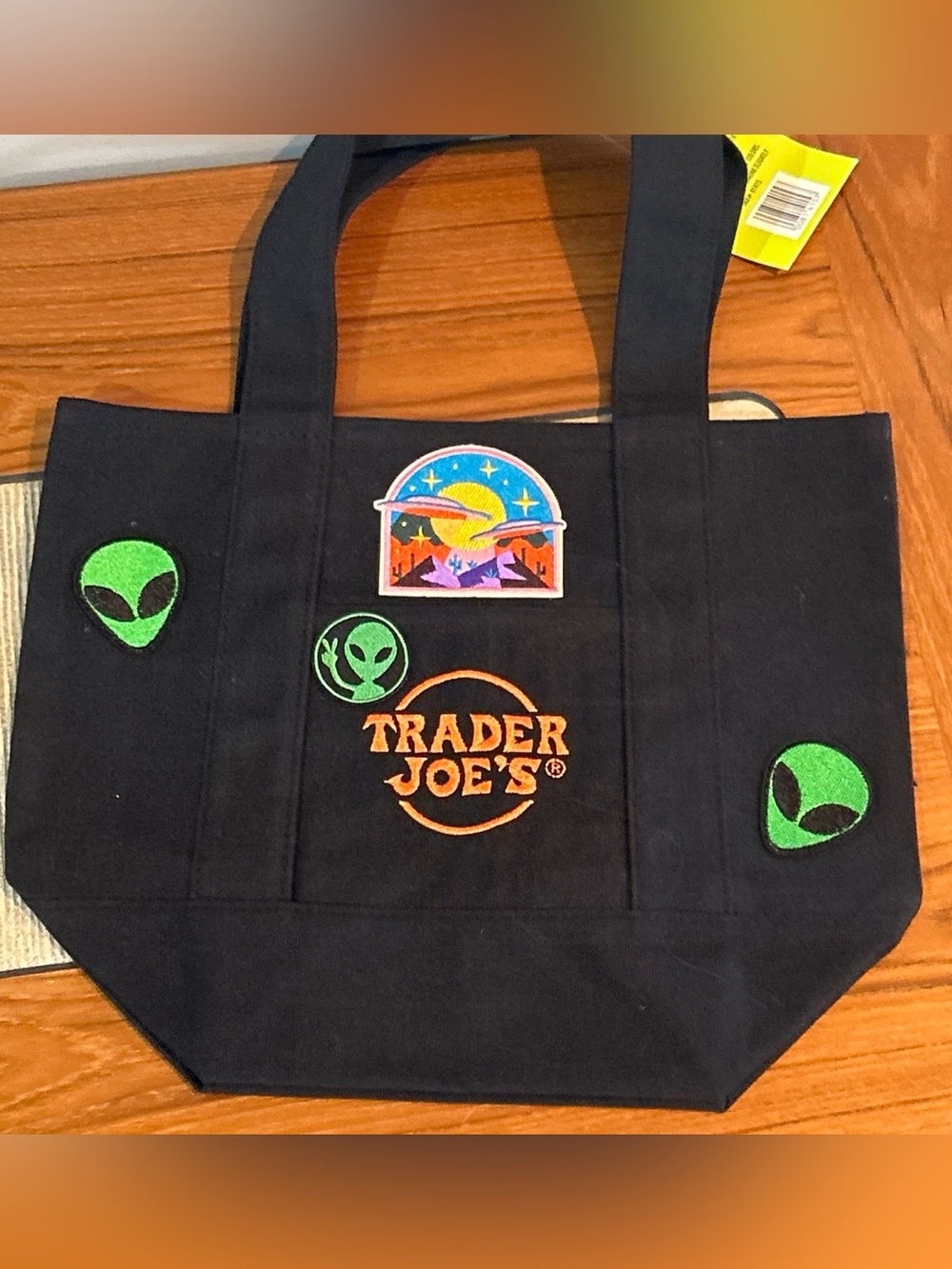 Upcycled Trader Joe's Black Tote Bag with Neon Green Alien Patches